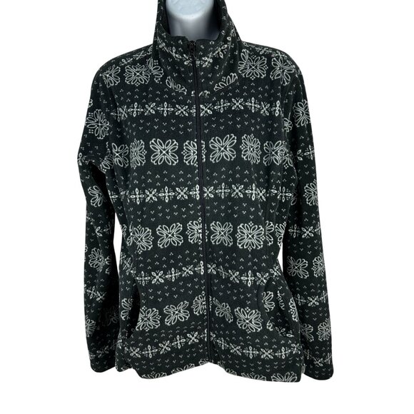 Old Navy Womens Black & White Fleece Full-Zip Jacket Floral Pattern Size L - Picture 1 of 7